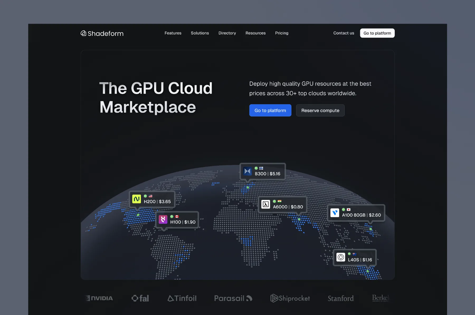 Shadeform GPU cloud marketplace landing page
