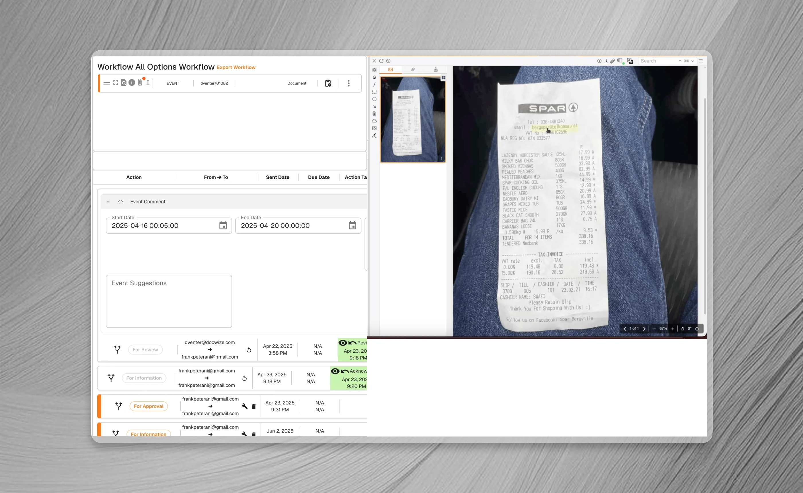 Legacy workflow view with the action trail and item form