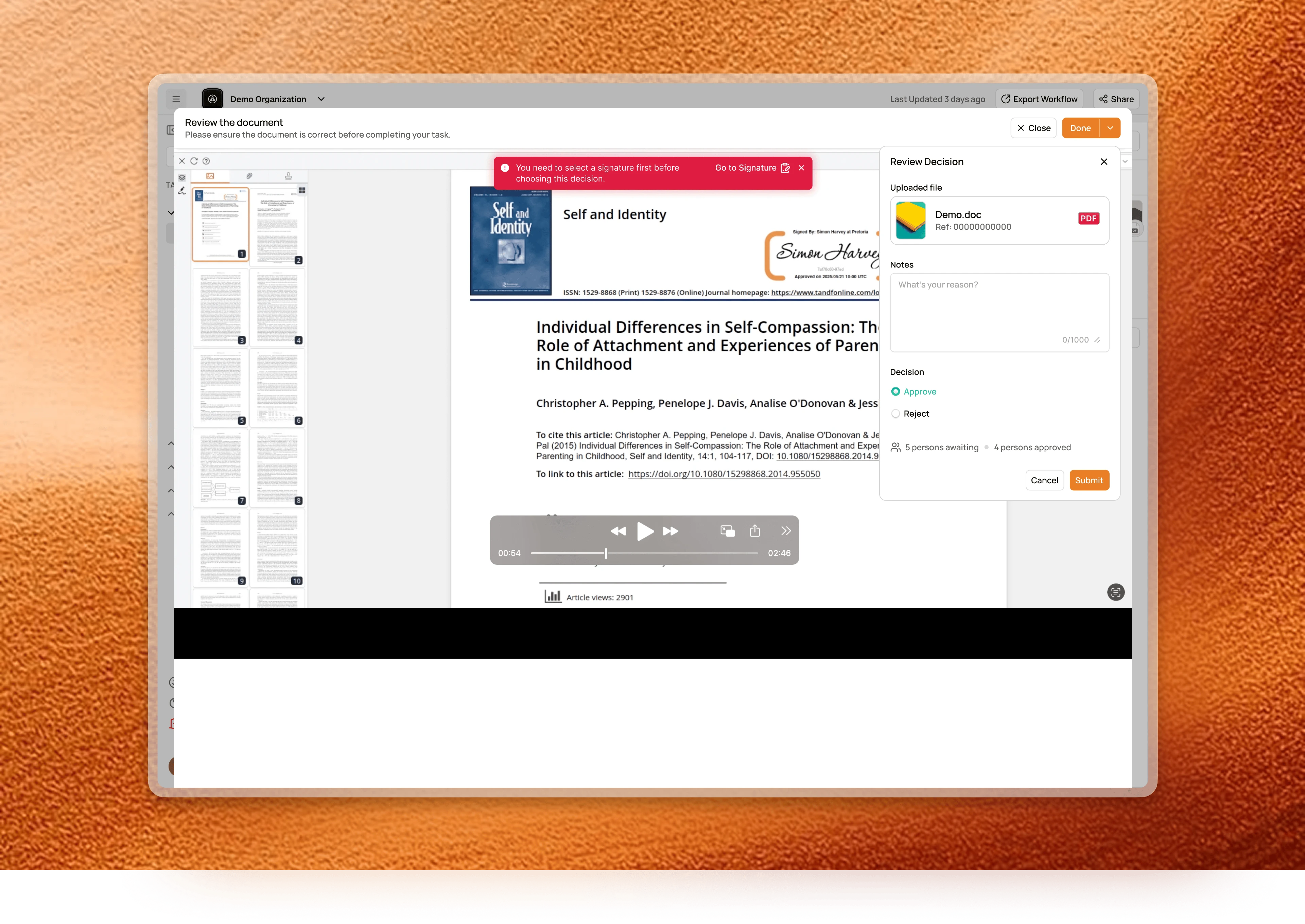Review decision panel with signature warning
