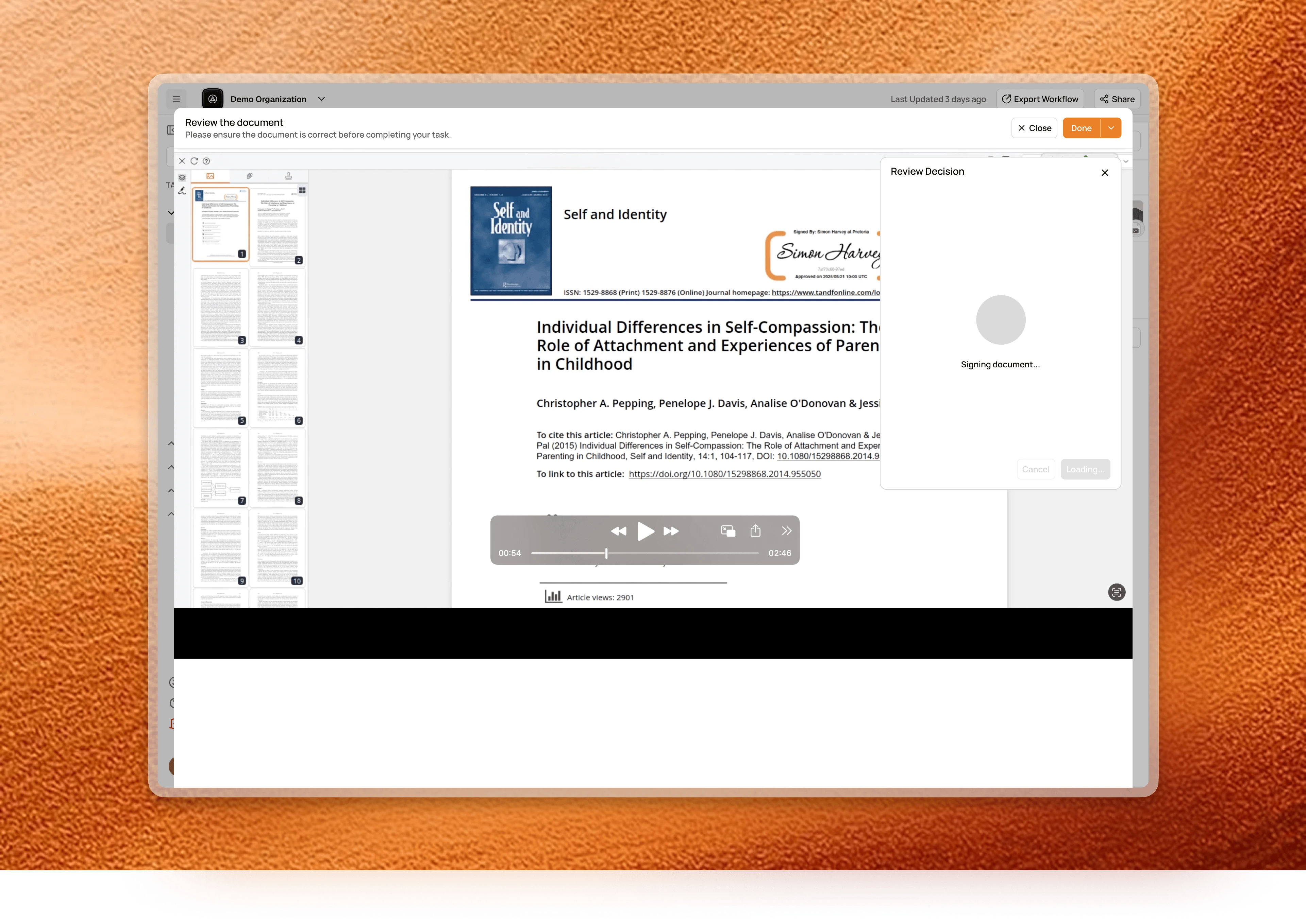 Signing document state in the review panel