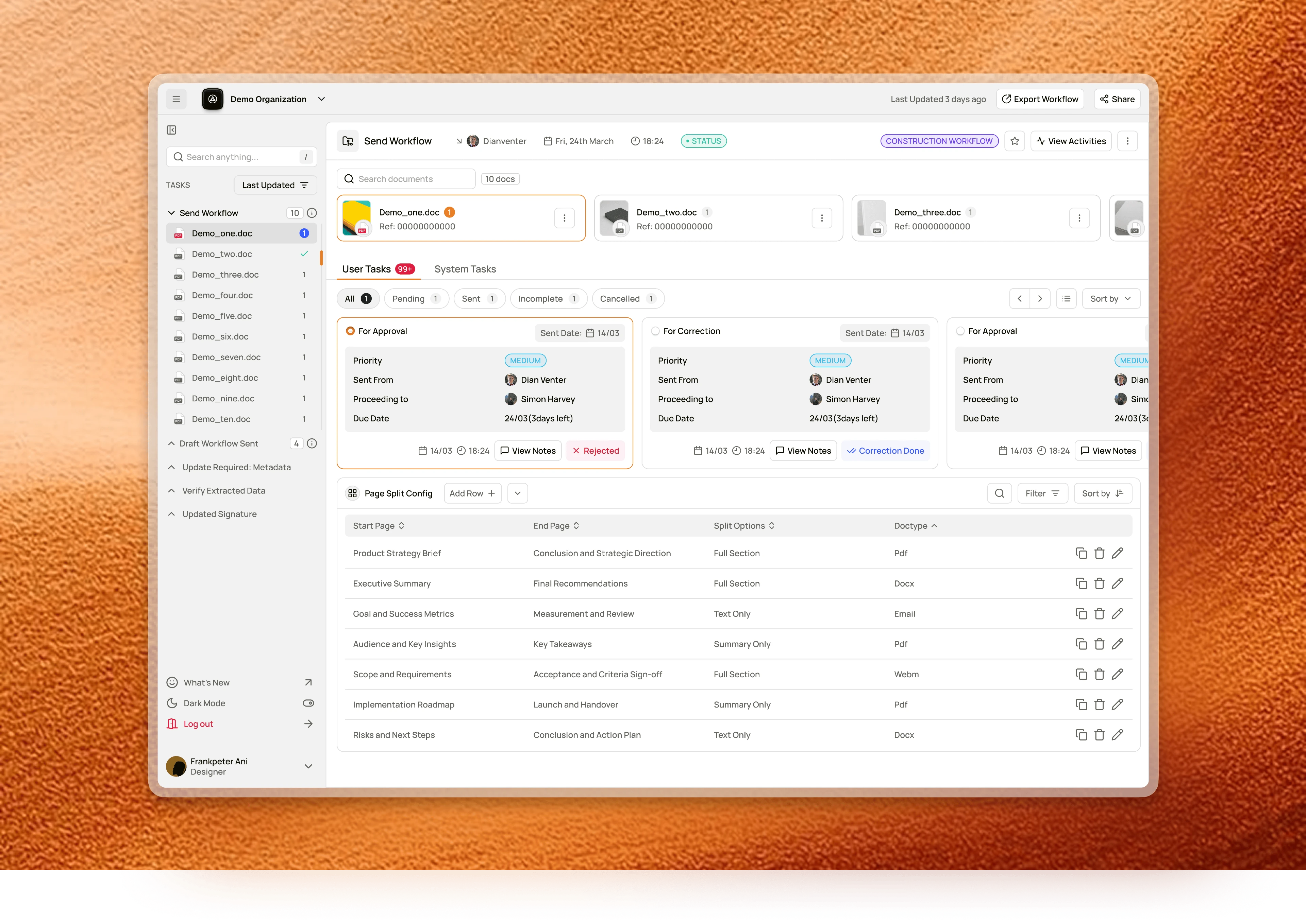 User Tasks and System Tasks tabs with card outcomes