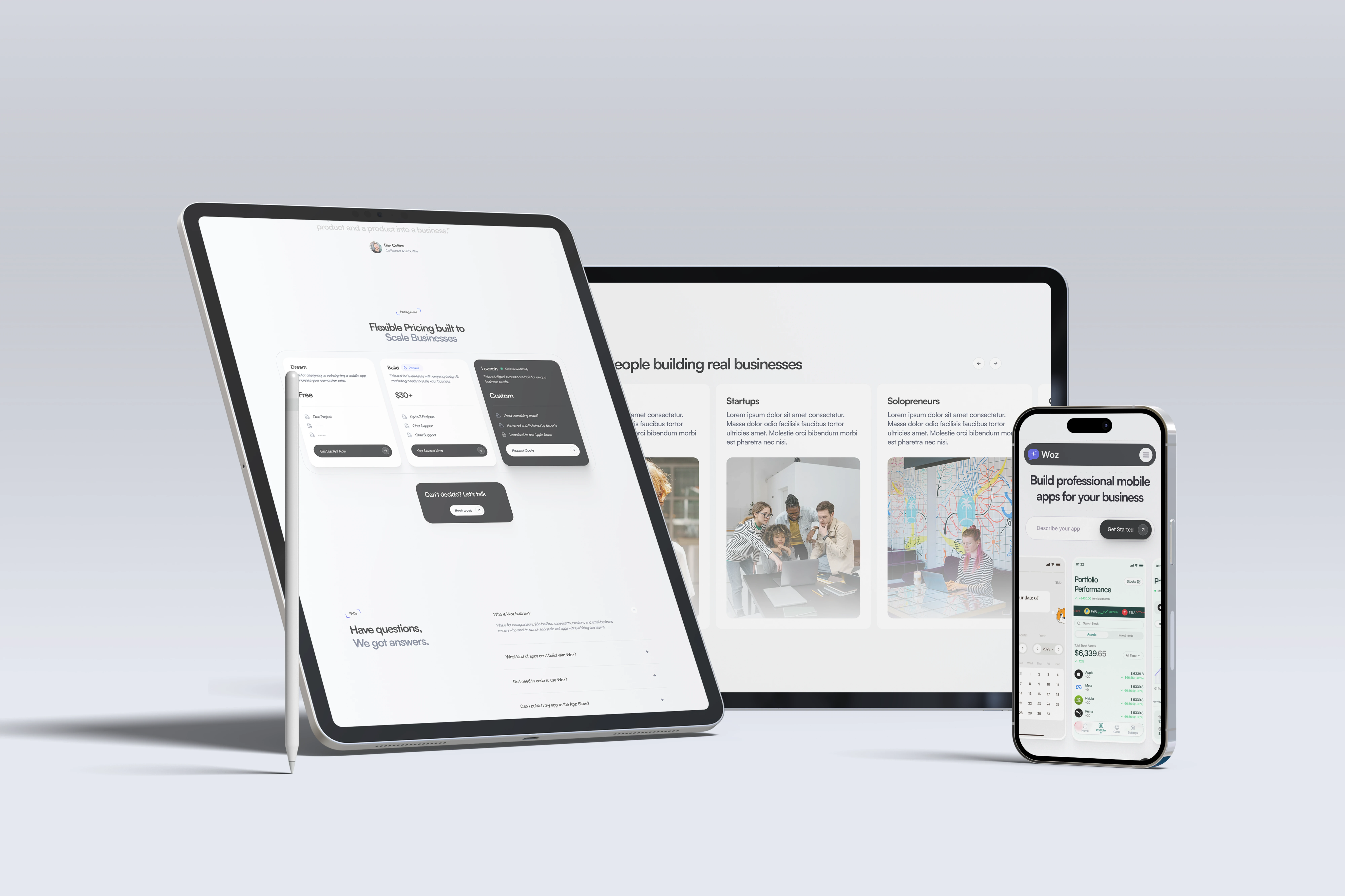 Woz landing page on iPad, desktop and iPhone